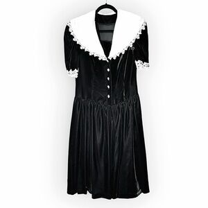 Vintage 80s Velvet Midi Dress Goth Wednesday Adams Black and White